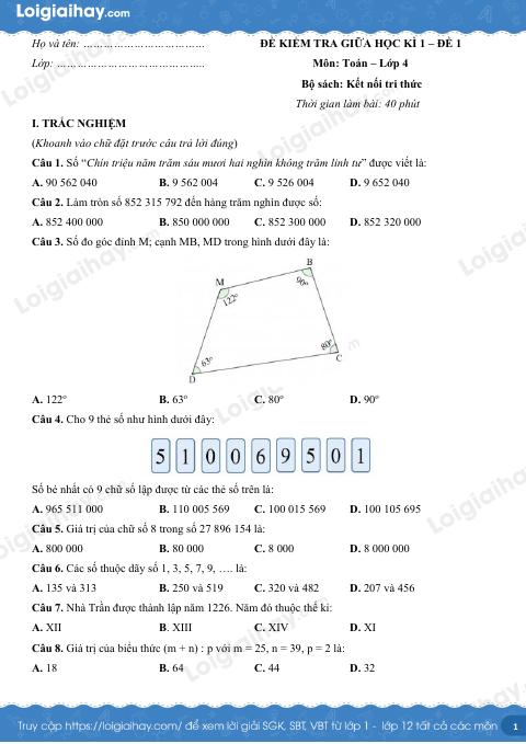 Đề kiểm tra giữa học kì 1 Toán 4 Kết nối tri thức - Đề số 1